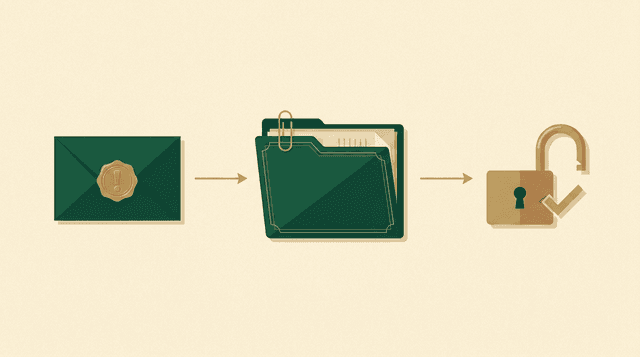 Action sequence: request, document pack, unblocking